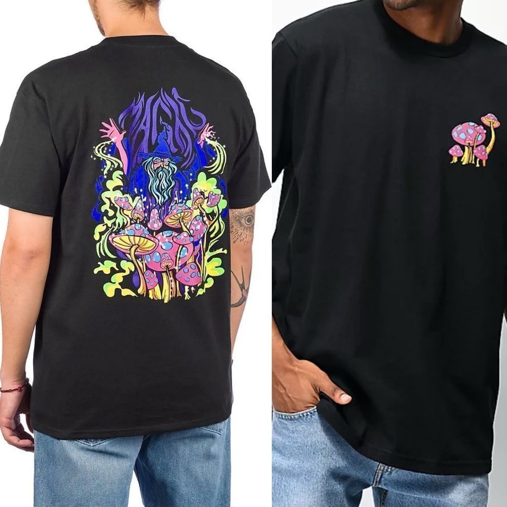 A.Lab Black Trippy Neon Psychedelic Magic Mushroom Wizard Graphic T-Shirt S